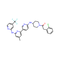 Cc1cc(Nc2cc(C(F)(F)F)ccn2)nc(-c2ccc(NC3CCN(C(=O)Cc4ccccc4Cl)CC3)nc2)c1 ZINC001772629704