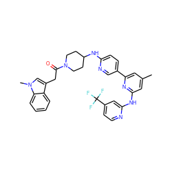 Cc1cc(Nc2cc(C(F)(F)F)ccn2)nc(-c2ccc(NC3CCN(C(=O)Cc4cn(C)c5ccccc45)CC3)nc2)c1 ZINC001772639368