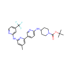 Cc1cc(Nc2cc(C(F)(F)F)ccn2)nc(-c2ccc(NC3CCN(C(=O)OC(C)(C)C)CC3)nc2)c1 ZINC001772597877