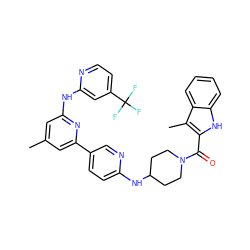 Cc1cc(Nc2cc(C(F)(F)F)ccn2)nc(-c2ccc(NC3CCN(C(=O)c4[nH]c5ccccc5c4C)CC3)nc2)c1 ZINC001772615208