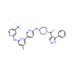 Cc1cc(Nc2cc(C(F)(F)F)ccn2)nc(-c2ccc(NC3CCN(C(=O)c4c[nH]nc4-c4ccccc4)CC3)nc2)c1 ZINC001772649555