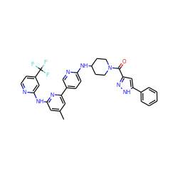 Cc1cc(Nc2cc(C(F)(F)F)ccn2)nc(-c2ccc(NC3CCN(C(=O)c4cc(-c5ccccc5)[nH]n4)CC3)nc2)c1 ZINC001772641355