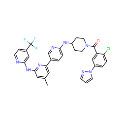 Cc1cc(Nc2cc(C(F)(F)F)ccn2)nc(-c2ccc(NC3CCN(C(=O)c4cc(-n5cccn5)ccc4Cl)CC3)nc2)c1 ZINC001772588579