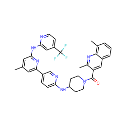 Cc1cc(Nc2cc(C(F)(F)F)ccn2)nc(-c2ccc(NC3CCN(C(=O)c4cc5cccc(C)c5nc4C)CC3)nc2)c1 ZINC001772598145