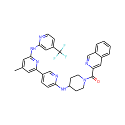 Cc1cc(Nc2cc(C(F)(F)F)ccn2)nc(-c2ccc(NC3CCN(C(=O)c4cc5ccccc5cn4)CC3)nc2)c1 ZINC001772604976