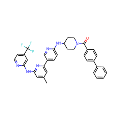 Cc1cc(Nc2cc(C(F)(F)F)ccn2)nc(-c2ccc(NC3CCN(C(=O)c4ccc(-c5ccccc5)cc4)CC3)nc2)c1 ZINC001772631247