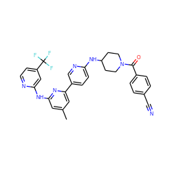 Cc1cc(Nc2cc(C(F)(F)F)ccn2)nc(-c2ccc(NC3CCN(C(=O)c4ccc(C#N)cc4)CC3)nc2)c1 ZINC001772643787