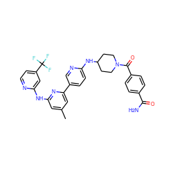 Cc1cc(Nc2cc(C(F)(F)F)ccn2)nc(-c2ccc(NC3CCN(C(=O)c4ccc(C(N)=O)cc4)CC3)nc2)c1 ZINC001772607097