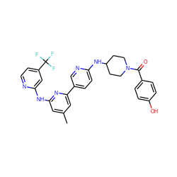 Cc1cc(Nc2cc(C(F)(F)F)ccn2)nc(-c2ccc(NC3CCN(C(=O)c4ccc(O)cc4)CC3)nc2)c1 ZINC001772646756