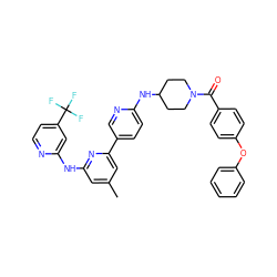 Cc1cc(Nc2cc(C(F)(F)F)ccn2)nc(-c2ccc(NC3CCN(C(=O)c4ccc(Oc5ccccc5)cc4)CC3)nc2)c1 ZINC001772641258