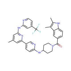 Cc1cc(Nc2cc(C(F)(F)F)ccn2)nc(-c2ccc(NC3CCN(C(=O)c4ccc5[nH]c(C)c(C)c5c4)CC3)nc2)c1 ZINC001772571472