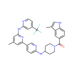 Cc1cc(Nc2cc(C(F)(F)F)ccn2)nc(-c2ccc(NC3CCN(C(=O)c4ccc5[nH]cc(C)c5c4)CC3)nc2)c1 ZINC001772608422