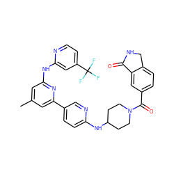 Cc1cc(Nc2cc(C(F)(F)F)ccn2)nc(-c2ccc(NC3CCN(C(=O)c4ccc5c(c4)C(=O)NC5)CC3)nc2)c1 ZINC001772644095