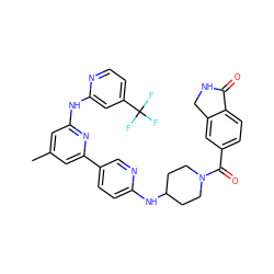 Cc1cc(Nc2cc(C(F)(F)F)ccn2)nc(-c2ccc(NC3CCN(C(=O)c4ccc5c(c4)CNC5=O)CC3)nc2)c1 ZINC001772593985