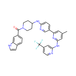 Cc1cc(Nc2cc(C(F)(F)F)ccn2)nc(-c2ccc(NC3CCN(C(=O)c4ccc5cc[nH]c5c4)CC3)nc2)c1 ZINC001772597168