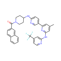 Cc1cc(Nc2cc(C(F)(F)F)ccn2)nc(-c2ccc(NC3CCN(C(=O)c4ccc5ccccc5c4)CC3)nc2)c1 ZINC001772611269