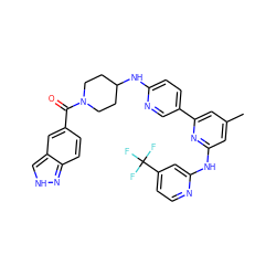 Cc1cc(Nc2cc(C(F)(F)F)ccn2)nc(-c2ccc(NC3CCN(C(=O)c4ccc5n[nH]cc5c4)CC3)nc2)c1 ZINC001772615317