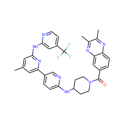 Cc1cc(Nc2cc(C(F)(F)F)ccn2)nc(-c2ccc(NC3CCN(C(=O)c4ccc5nc(C)c(C)nc5c4)CC3)nc2)c1 ZINC001772580816