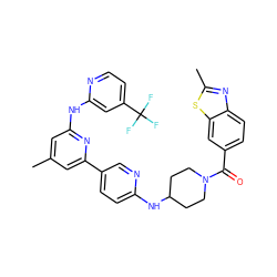 Cc1cc(Nc2cc(C(F)(F)F)ccn2)nc(-c2ccc(NC3CCN(C(=O)c4ccc5nc(C)sc5c4)CC3)nc2)c1 ZINC001772586073