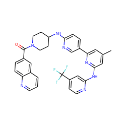 Cc1cc(Nc2cc(C(F)(F)F)ccn2)nc(-c2ccc(NC3CCN(C(=O)c4ccc5ncccc5c4)CC3)nc2)c1 ZINC001772624564