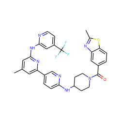 Cc1cc(Nc2cc(C(F)(F)F)ccn2)nc(-c2ccc(NC3CCN(C(=O)c4ccc5sc(C)nc5c4)CC3)nc2)c1 ZINC001772588481