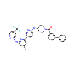 Cc1cc(Nc2cc(C(F)(F)F)ccn2)nc(-c2ccc(NC3CCN(C(=O)c4cccc(-c5ccccc5)c4)CC3)nc2)c1 ZINC001772648426