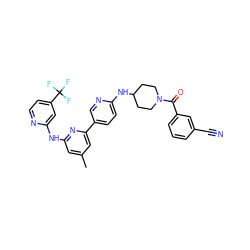 Cc1cc(Nc2cc(C(F)(F)F)ccn2)nc(-c2ccc(NC3CCN(C(=O)c4cccc(C#N)c4)CC3)nc2)c1 ZINC001772608030