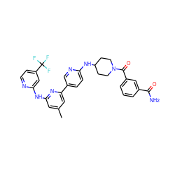 Cc1cc(Nc2cc(C(F)(F)F)ccn2)nc(-c2ccc(NC3CCN(C(=O)c4cccc(C(N)=O)c4)CC3)nc2)c1 ZINC001772649060