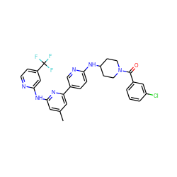 Cc1cc(Nc2cc(C(F)(F)F)ccn2)nc(-c2ccc(NC3CCN(C(=O)c4cccc(Cl)c4)CC3)nc2)c1 ZINC001772573319