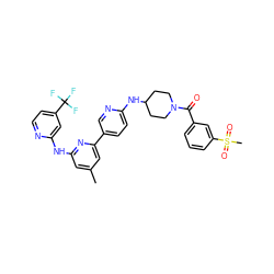 Cc1cc(Nc2cc(C(F)(F)F)ccn2)nc(-c2ccc(NC3CCN(C(=O)c4cccc(S(C)(=O)=O)c4)CC3)nc2)c1 ZINC001772602100