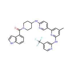 Cc1cc(Nc2cc(C(F)(F)F)ccn2)nc(-c2ccc(NC3CCN(C(=O)c4cccc5[nH]ccc45)CC3)nc2)c1 ZINC001772630927