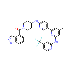 Cc1cc(Nc2cc(C(F)(F)F)ccn2)nc(-c2ccc(NC3CCN(C(=O)c4cccc5[nH]ncc45)CC3)nc2)c1 ZINC001772585724