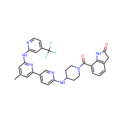 Cc1cc(Nc2cc(C(F)(F)F)ccn2)nc(-c2ccc(NC3CCN(C(=O)c4cccc5c4NC(=O)C5)CC3)nc2)c1 ZINC001772618376