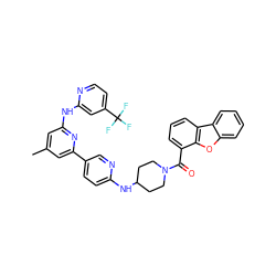 Cc1cc(Nc2cc(C(F)(F)F)ccn2)nc(-c2ccc(NC3CCN(C(=O)c4cccc5c4oc4ccccc45)CC3)nc2)c1 ZINC001772596063