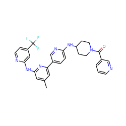 Cc1cc(Nc2cc(C(F)(F)F)ccn2)nc(-c2ccc(NC3CCN(C(=O)c4cccnc4)CC3)nc2)c1 ZINC001772580777