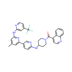 Cc1cc(Nc2cc(C(F)(F)F)ccn2)nc(-c2ccc(NC3CCN(C(=O)c4ccnc5ccccc45)CC3)nc2)c1 ZINC001772580137