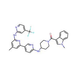 Cc1cc(Nc2cc(C(F)(F)F)ccn2)nc(-c2ccc(NC3CCN(C(=O)c4cn(C)c5ccccc45)CC3)nc2)c1 ZINC001772627237