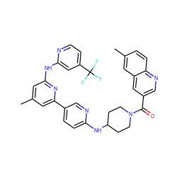 Cc1cc(Nc2cc(C(F)(F)F)ccn2)nc(-c2ccc(NC3CCN(C(=O)c4cnc5ccc(C)cc5c4)CC3)nc2)c1 ZINC001772647090