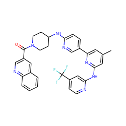 Cc1cc(Nc2cc(C(F)(F)F)ccn2)nc(-c2ccc(NC3CCN(C(=O)c4cnc5ccccc5c4)CC3)nc2)c1 ZINC001772638968