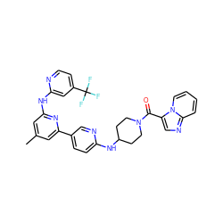 Cc1cc(Nc2cc(C(F)(F)F)ccn2)nc(-c2ccc(NC3CCN(C(=O)c4cnc5ccccn45)CC3)nc2)c1 ZINC001772623182