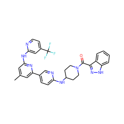 Cc1cc(Nc2cc(C(F)(F)F)ccn2)nc(-c2ccc(NC3CCN(C(=O)c4n[nH]c5ccccc45)CC3)nc2)c1 ZINC001772587121