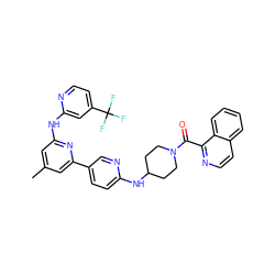 Cc1cc(Nc2cc(C(F)(F)F)ccn2)nc(-c2ccc(NC3CCN(C(=O)c4nccc5ccccc45)CC3)nc2)c1 ZINC001772620645