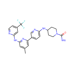 Cc1cc(Nc2cc(C(F)(F)F)ccn2)nc(-c2ccc(NC3CCN(C(N)=O)CC3)nc2)c1 ZINC000144707036