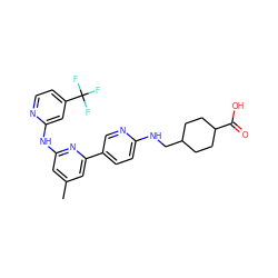 Cc1cc(Nc2cc(C(F)(F)F)ccn2)nc(-c2ccc(NCC3CCC(C(=O)O)CC3)nc2)c1 ZINC001772638117