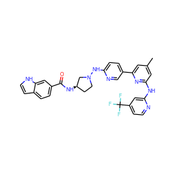 Cc1cc(Nc2cc(C(F)(F)F)ccn2)nc(-c2ccc(NN3CC[C@@H](NC(=O)c4ccc5cc[nH]c5c4)C3)nc2)c1 ZINC001772597390