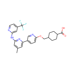 Cc1cc(Nc2cc(C(F)(F)F)ccn2)nc(-c2ccc(OCC3CCC(C(=O)O)CC3)nc2)c1 ZINC000144332920