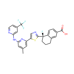 Cc1cc(Nc2cc(C(F)(F)F)ccn2)nc(-c2cnc([C@@]3(F)CCCc4cc(C(=O)O)ccc43)s2)c1 ZINC000142017165