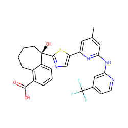 Cc1cc(Nc2cc(C(F)(F)F)ccn2)nc(-c2cnc([C@@]3(O)CCCCc4c(C(=O)O)cccc43)s2)c1 ZINC000141845244