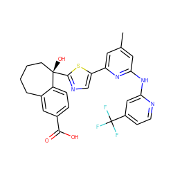 Cc1cc(Nc2cc(C(F)(F)F)ccn2)nc(-c2cnc([C@@]3(O)CCCCc4cc(C(=O)O)ccc43)s2)c1 ZINC000142194545