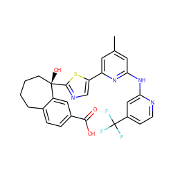 Cc1cc(Nc2cc(C(F)(F)F)ccn2)nc(-c2cnc([C@@]3(O)CCCCc4ccc(C(=O)O)cc43)s2)c1 ZINC000141826702